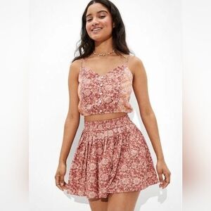 American Eagle AE Floral Pleated Mini Skirt, Boho Style, Salmon Floral Print